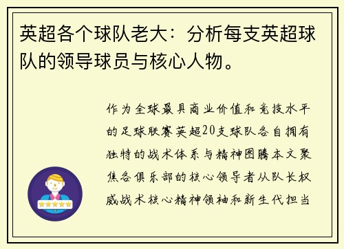 英超各个球队老大：分析每支英超球队的领导球员与核心人物。