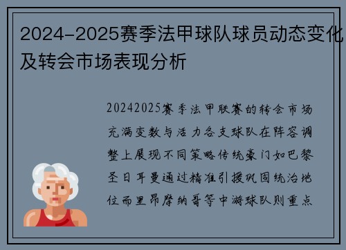 2024-2025赛季法甲球队球员动态变化及转会市场表现分析