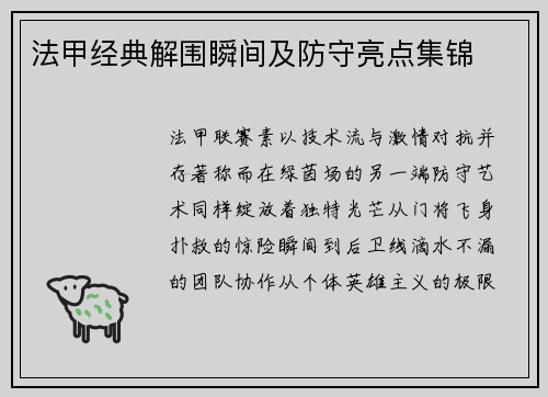 法甲经典解围瞬间及防守亮点集锦